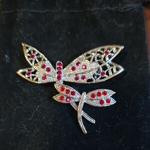 Elegant Silver and Red Dragonfly Brooch